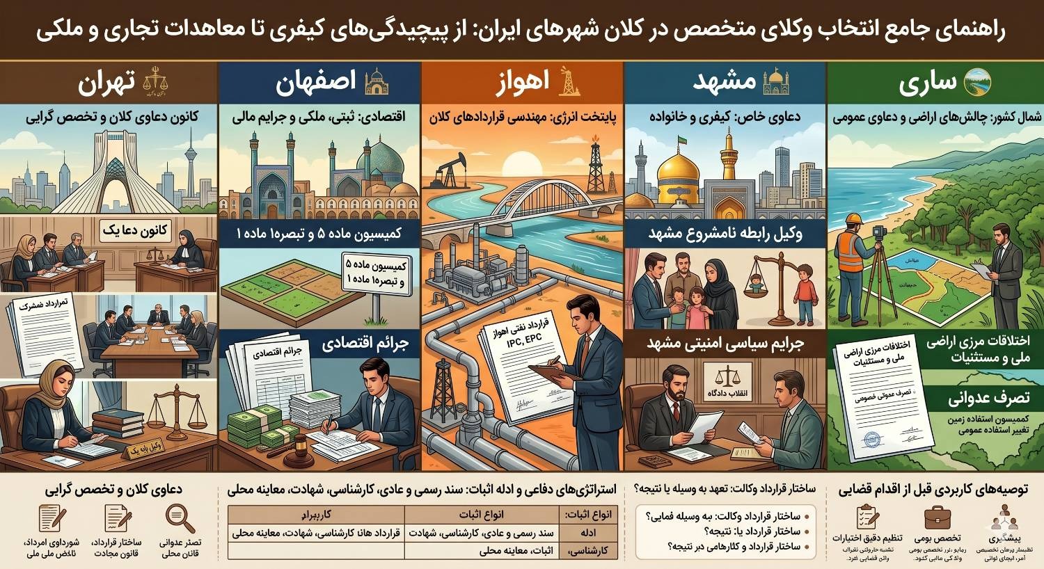 راهنمای جامع انتخاب وکلای متخصص در کلان شهرهای ایران: از پیچیدگی های کیفری تا معاهدات تجاری و ملکی